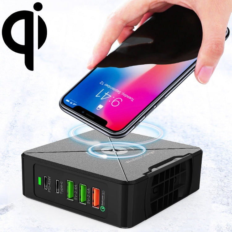 شاحن مكتبي F88W مع 3 منافذ USB + 2 منافذ USB-C / Type-C يدعم QC3.0 مع وظيفة الشحن اللاسلكي، F88W