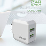 LDNIO A2201 رأس شحن مزدوج USB 2.4 أمبير شاحن مباشر للسفر مع كابل بيانات 8 دبابيس، 8 دبابيس
