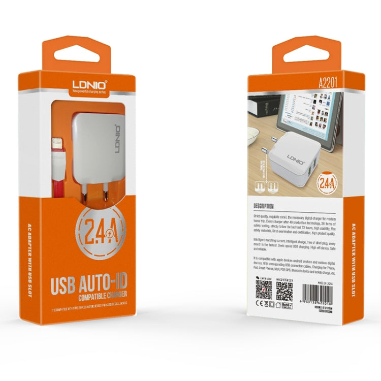 LDNIO A2201 رأس شحن مزدوج USB 2.4 أمبير شاحن مباشر للسفر مع كابل بيانات Type-C، Type-C