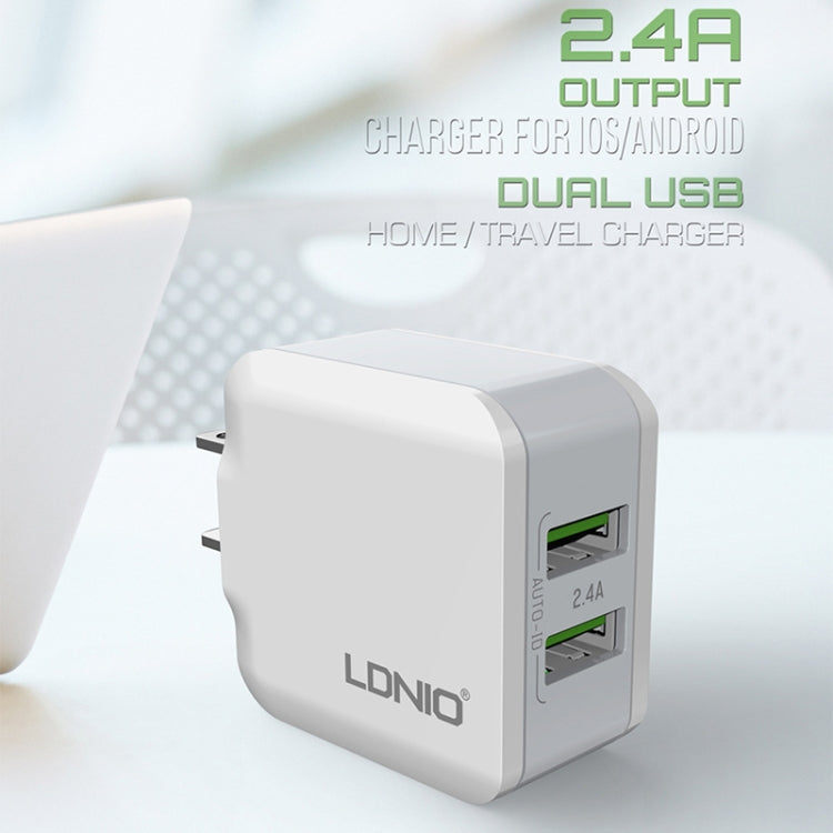 LDNIO A2201 رأس شحن مزدوج USB 2.4 أمبير شاحن مباشر للسفر مع كابل بيانات Type-C، Type-C