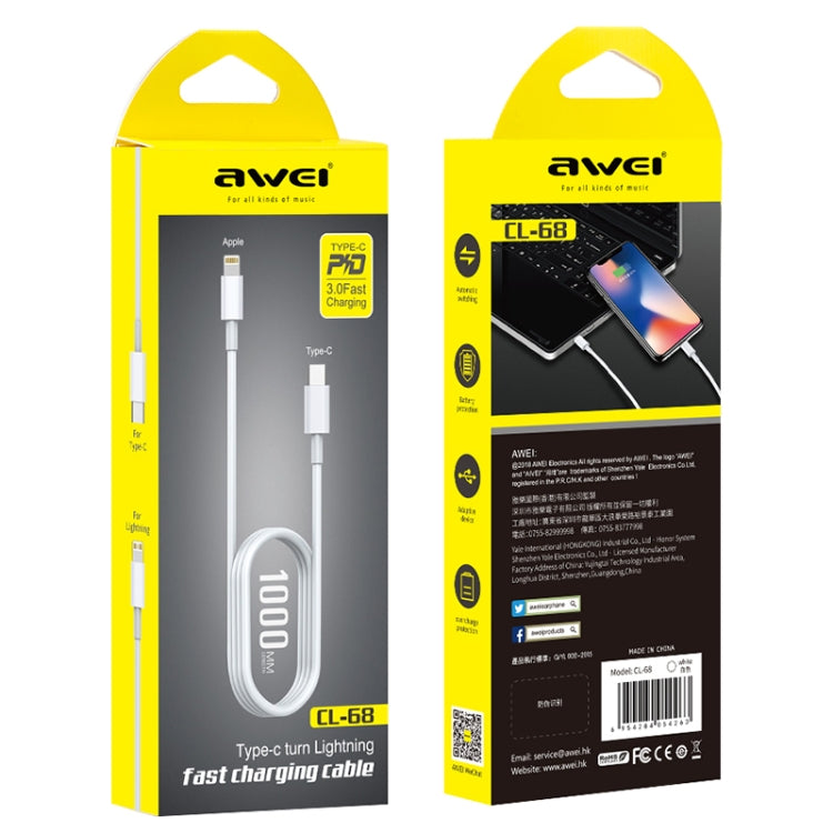 AWEI CL-68 كابل شحن سريع PD ونقل بيانات 3A من نوع Type-C / USB-C إلى 8 بن، الطول: 1 متر