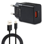 مجموعة شاحن سفر LZ-728 2 في 1 بقوة 18 واط QC 3.0 بمنفذ USB + كابل بيانات USB إلى 8 بن، قابس أوروبي، طول الكابل: 1 متر، مع كابل 8 بن