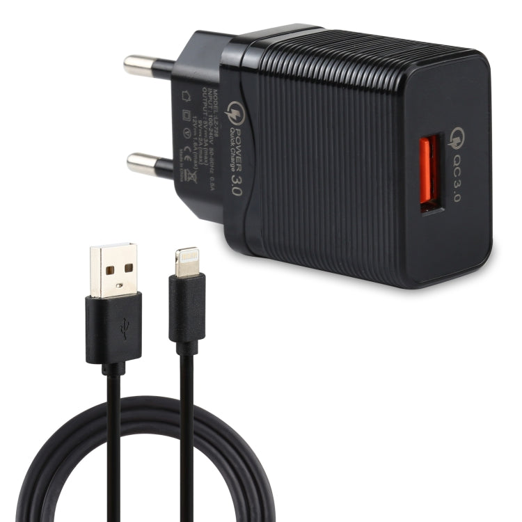 مجموعة شاحن سفر LZ-728 2 في 1 بقوة 18 واط QC 3.0 بمنفذ USB + كابل بيانات USB إلى 8 بن، قابس أوروبي، طول الكابل: 1 متر، مع كابل 8 بن