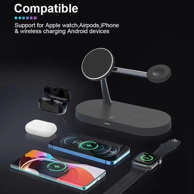 شاحن لاسلكي مغناطيسي متعدد الوظائف 5 في 1 بقوة 15 واط لسلسلة iPhone 12 وساعات Apple وسماعات AirPods 1 / 2 / Pro، مع ضوء LED