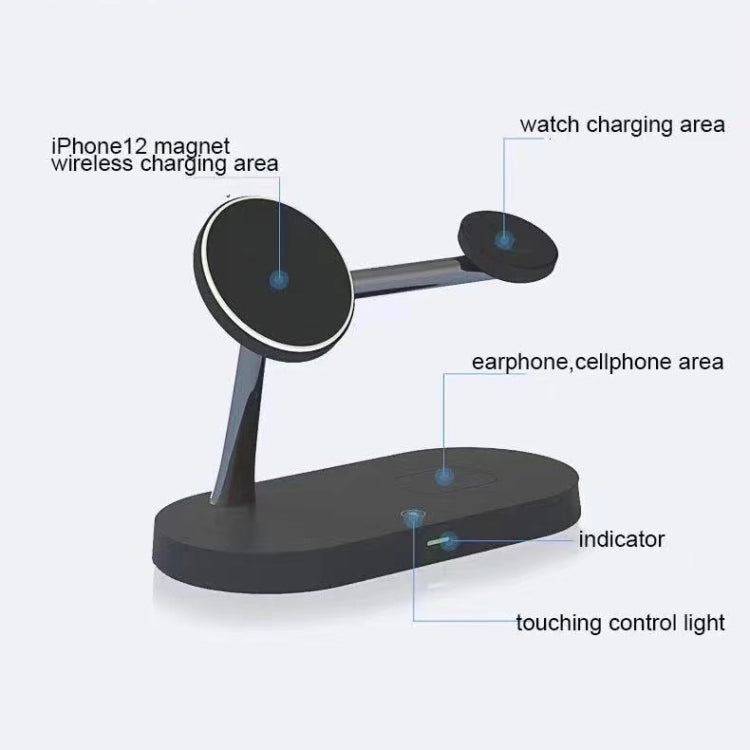 شاحن لاسلكي مغناطيسي متعدد الوظائف 5 في 1 بقوة 15 واط لسلسلة iPhone 12 وساعات Apple وسماعات AirPods 1 / 2 / Pro، مع ضوء LED