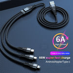 ADC-138 كابل بيانات مضفر للشحن السريع 66W 3 في 1 USB إلى 8 بن + Micro USB + USB-C / Type-C، طول الكابل: 1.2 متر
