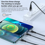 ADC-138 كابل بيانات مضفر للشحن السريع 66W 3 في 1 USB إلى 8 بن + Micro USB + USB-C / Type-C، طول الكابل: 1.2 متر