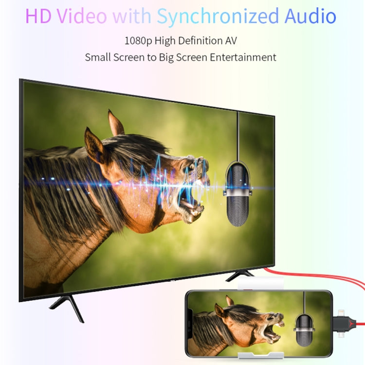 كابل محول فيديو MiraScreen L7-8 3 في 1 من 8 دبابيس + مايكرو USB + USB-C / تايب-سي إلى HDMI، طول الكابل: 2 متر، 3 في 1 HDMI