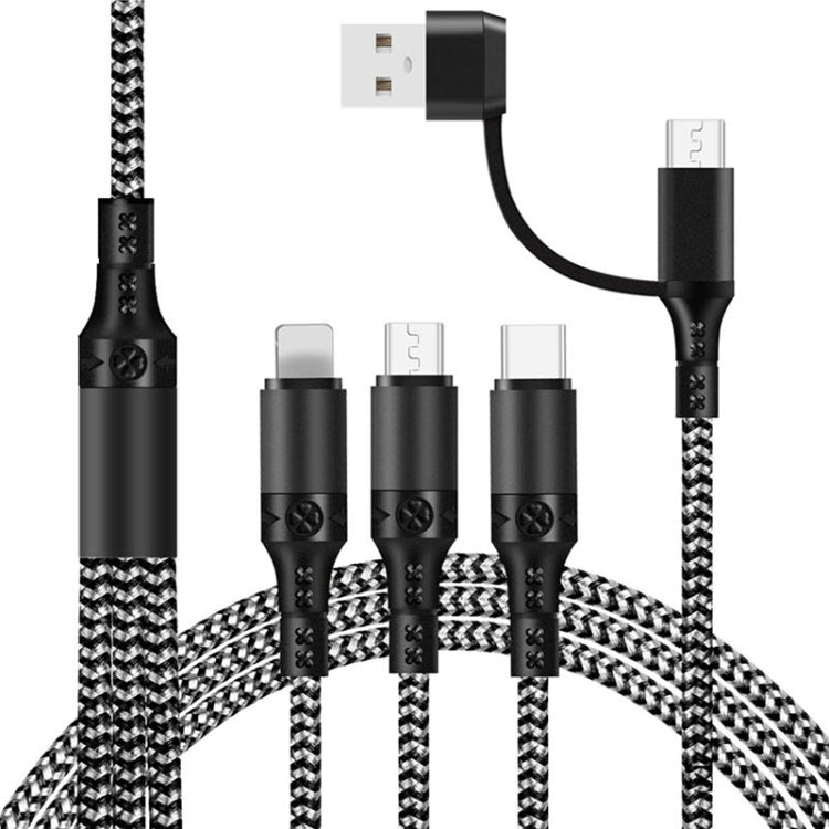 كابل بيانات مضفر للشحن السريع 5 في 1 3A USB + USB-C / Type-C إلى 8 بن + Micro USB + USB-C / Type-C، طول الكابل: 1.2 متر