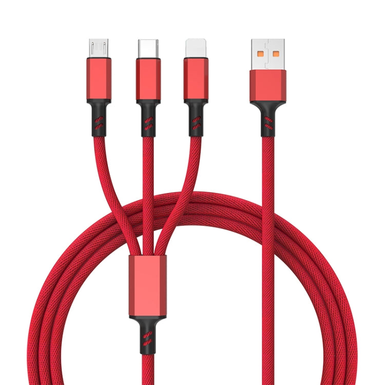 كابل شحن سريع مضفر 3A 3 في 1 USB إلى Type-C / 8 دبابيس / Micro USB، طول الكابل: 1.2 متر، قابس أبيض (أحمر)، قابس أبيض (أسود)، قابس أبيض (أزرق)