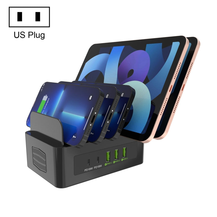 محطة شحن ذكية YFY-A54 بقدرة 100 واط مع 5 منافذ USB + Type-C وحامل للهاتف والتابلت، قابس أمريكي، YFY-A54