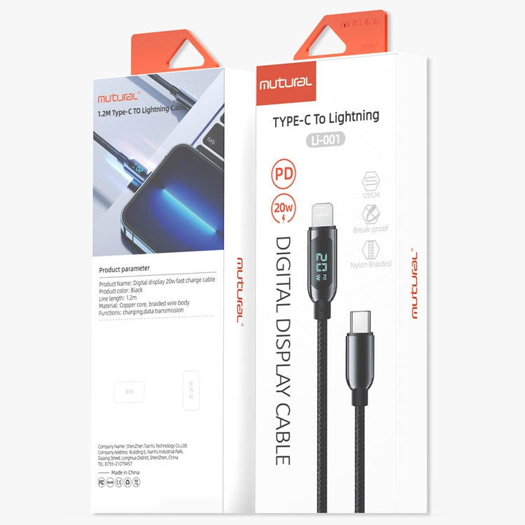 Mutural Li-CC001 كابل شحن وبيانات USB-C / Type-C إلى 8 دبابيس بطول 1.2 متر PD20W بشاشة رقمية، Type-C إلى 8 دبابيس