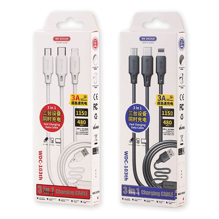 كابل بيانات شحن احترافي WK WDC-103 3A 3 في 1 8 دبابيس + Micro USB + Type-C / USB-C، الطول: 1.15 متر