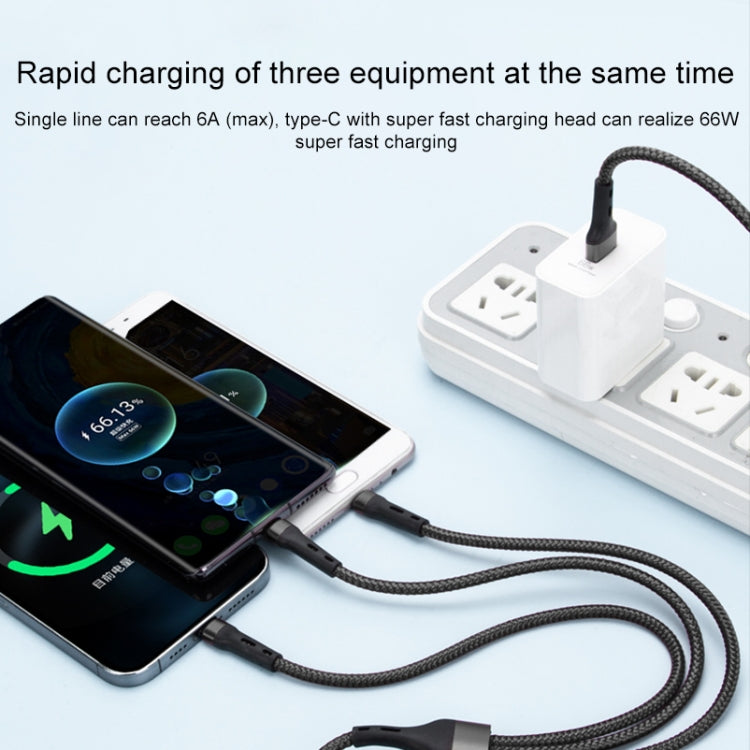 كابل شحن بيانات 100 واط 6A Type-C إلى 8 دبابيس + Type-C + Micro USB، الطول: 1.3 متر