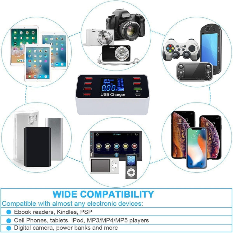 محطة شحن ذكية A9 Plus (الإصدار العالمي) متعددة الوظائف AC 100V~240V مع 8 منافذ USB وشاشة رقمية LCD قابلة للفصل وشاحن لاسلكي، تدعم QC3.0، A9 Plus (الإصدار العالمي)