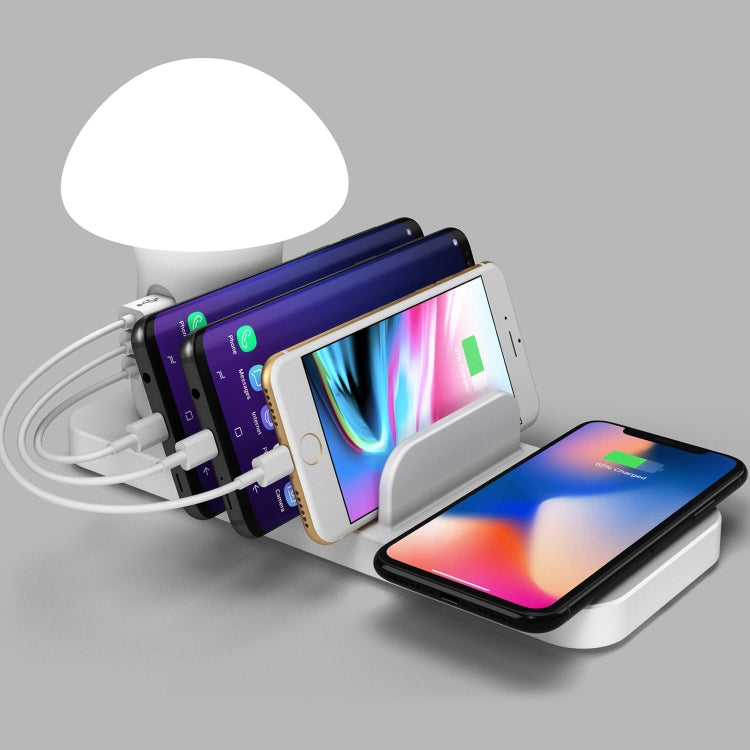محطة شحن هواتف محمولة HQ-UD12 عالمية 4 في 1 بقوة 40W QC3.0 مع 3 منافذ USB + شاحن لاسلكي مع ضوء LED على شكل فطر، الطول: 1.2م، قابس الاتحاد الأوروبي
