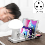 محطة شحن هواتف محمولة HQ-UD12 عالمية 4 في 1 بقوة 40W QC3.0 مع 3 منافذ USB + شاحن لاسلكي مع ضوء LED على شكل فطر، الطول: 1.2م، قابس المملكة المتحدة