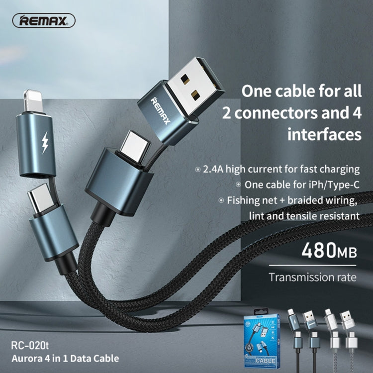 كابل شحن ومزامنة بيانات REMAX RC-020t 2.4A سلسلة Aurora 4 في 1 8 Pin + USB + 2 × Type-C، طول الكابل: 1 متر