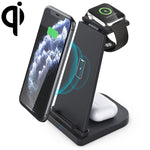 شاحن لاسلكي متعدد الوظائف عمودي 3 في 1 بقوة 10W QC 3.0 مع وظيفة حامل، مناسب للهواتف المحمولة / ساعة آبل / AirPods