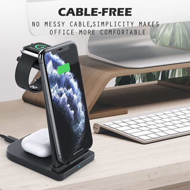 شاحن لاسلكي متعدد الوظائف عمودي 3 في 1 بقوة 10W QC 3.0 مع وظيفة حامل، مناسب للهواتف المحمولة / ساعة آبل / AirPods