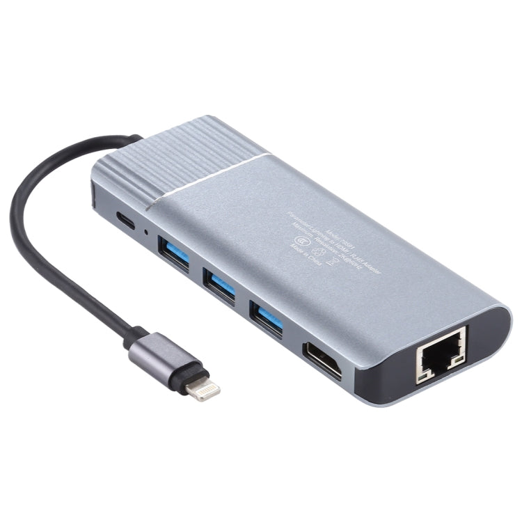 محطة إرساء متعددة الوظائف 6 في 1 USB 2.0 × 3 + HDMI + RJ45 + منفذ شحن أنثى 8 دبابيس إلى ذكر 8 دبابيس، 79591