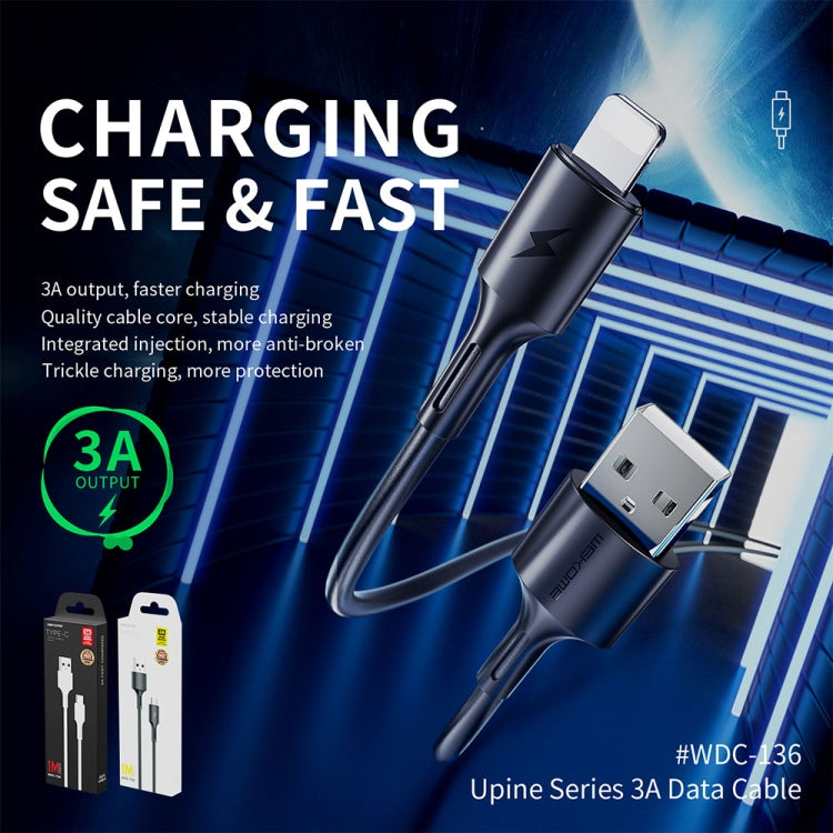 كابل بيانات شحن سريع 3A من USB إلى 8 دبابيس من WK WDC-136، USB إلى 8 دبابيس (أسود)، USB إلى 8 دبابيس (أبيض)
