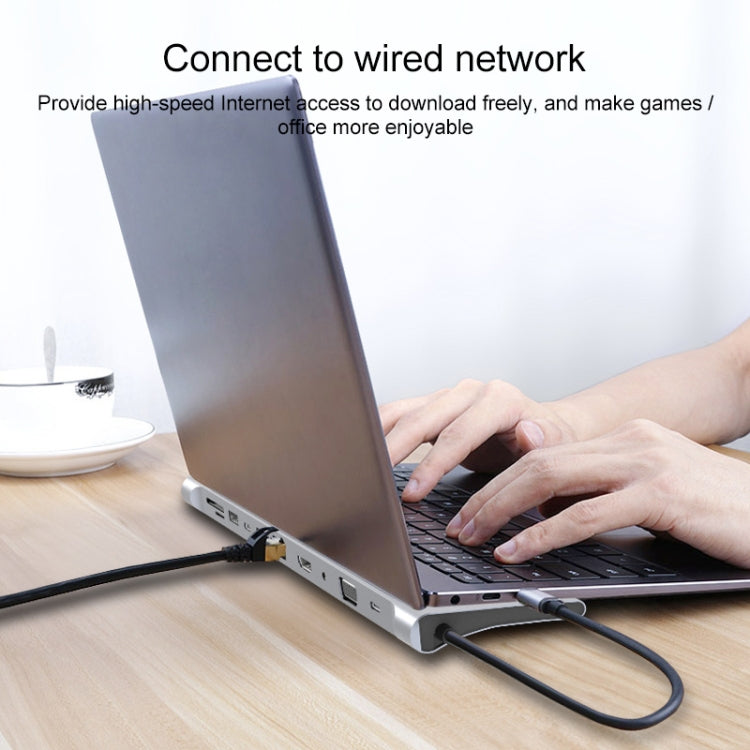 محول HUB 11 في 1 RJ45 + 87 واط PD + SD/TF + USBx3 + HDMI + VGA + 3.5 مم AUX إلى Type-C، 11 في 1