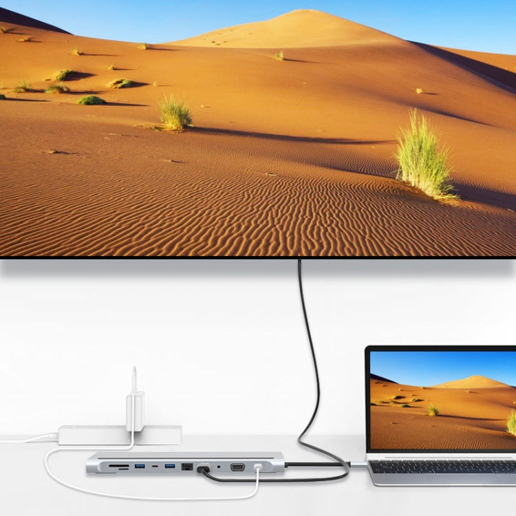 محول HUB 11 في 1 RJ45 + 87 واط PD + SD/TF + USBx3 + HDMI + VGA + 3.5 مم AUX إلى Type-C، 11 في 1