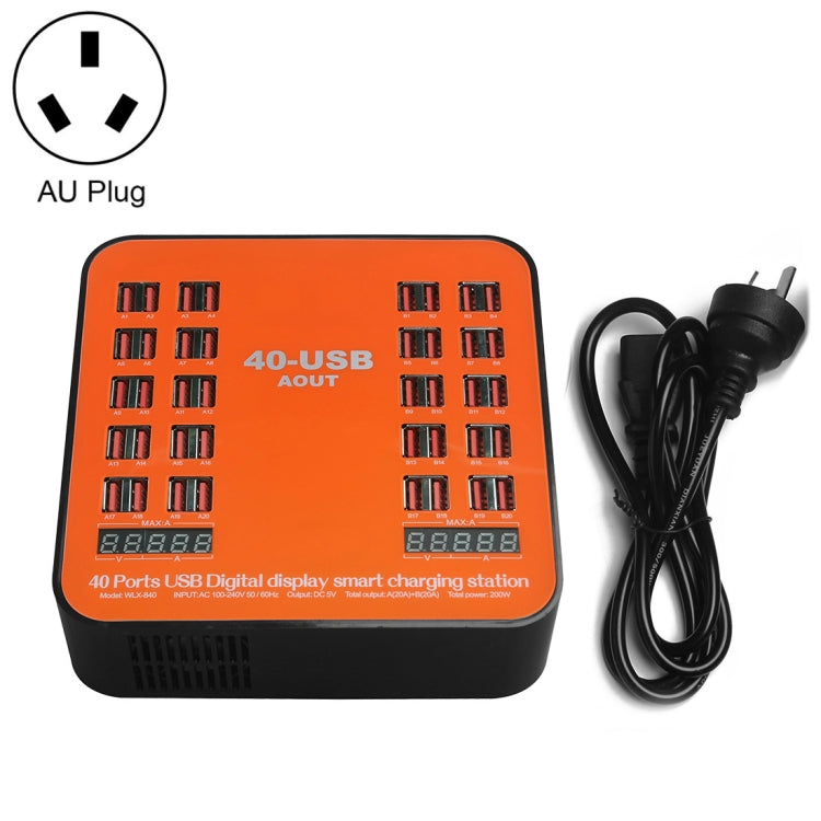 محطة شحن ذكية USB بقدرة 200 واط مع 40 منفذ وشاشة رقمية WLX-840، AC100-240V، قابس أسترالي (أسود+برتقالي)، قابس أسترالي