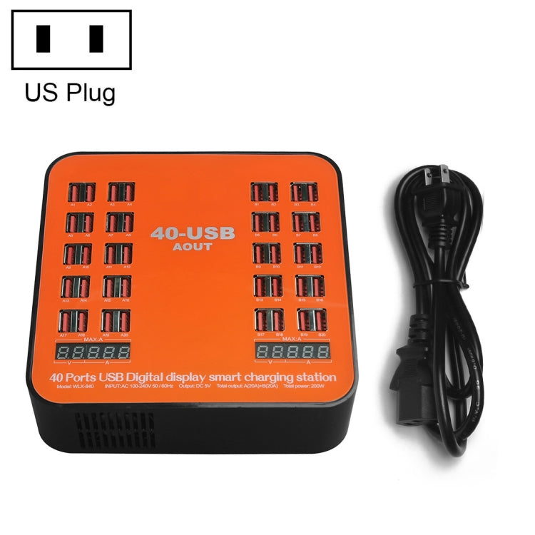 محطة شحن ذكية USB بقدرة 200 واط مع 40 منفذ وشاشة رقمية WLX-840، AC100-240V، قابس أمريكي (أسود+برتقالي)، قابس أمريكي