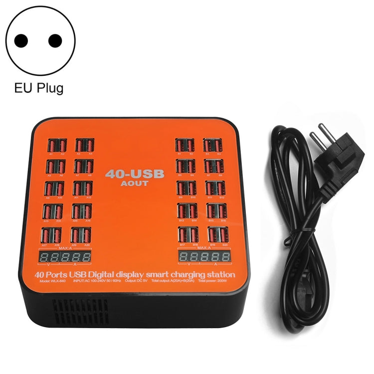 محطة شحن ذكية USB بقدرة 200 واط مع 40 منفذ وشاشة رقمية WLX-840، AC100-240V، قابس أوروبي (أسود+برتقالي)، قابس أوروبي