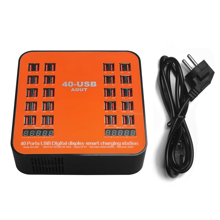 محطة شحن ذكية USB بقدرة 200 واط مع 40 منفذ وشاشة رقمية WLX-840، AC100-240V، قابس أوروبي (أسود+برتقالي)، قابس أوروبي