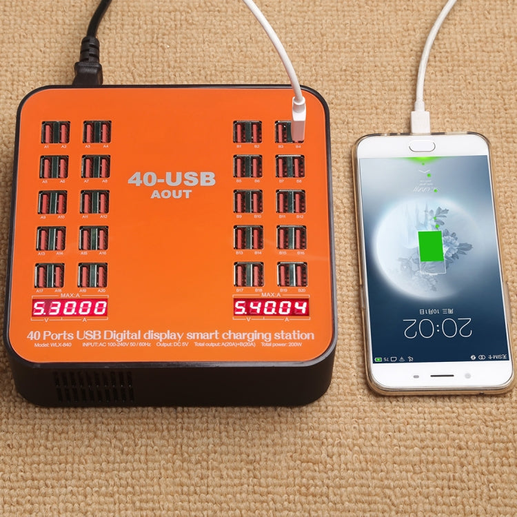 محطة شحن ذكية USB بقدرة 200 واط مع 40 منفذ وشاشة رقمية WLX-840، AC100-240V، قابس أوروبي (أسود+برتقالي)، قابس أوروبي