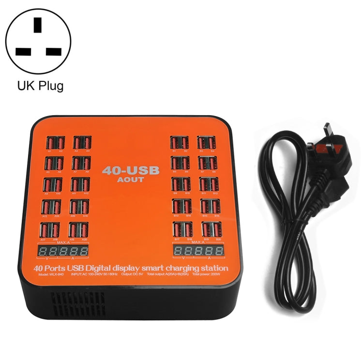 محطة شحن ذكية USB بقدرة 200 واط مع 40 منفذ وشاشة رقمية WLX-840، AC100-240V، قابس بريطاني (أسود+برتقالي)، قابس بريطاني