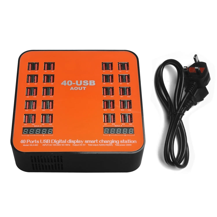 محطة شحن ذكية USB بقدرة 200 واط مع 40 منفذ وشاشة رقمية WLX-840، AC100-240V، قابس بريطاني (أسود+برتقالي)، قابس بريطاني