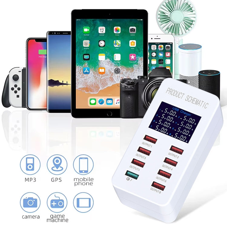 محطة شحن ذكية A8 بقدرة 50 واط مع 8 منافذ USB + QC3.0 مع شاشة رقمية AC100-240V، قابس أوروبي، A8 قابس أوروبي