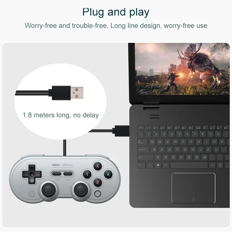يد تحكم لعبة سلكية USB من 8Bitdo SN30 PRO لوحدة Swith / Steam / الكمبيوتر، SN30 PRO سلكي (رمادي)