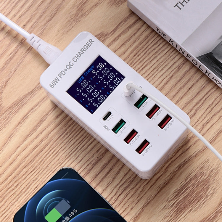 محطة شحن ذكية A8T بقدرة 60 واط مع 8 منافذ USB + QC3.0 + PD Type-C مع شاشة رقمية AC100-240V، قابس أسترالي، A8T قابس أسترالي