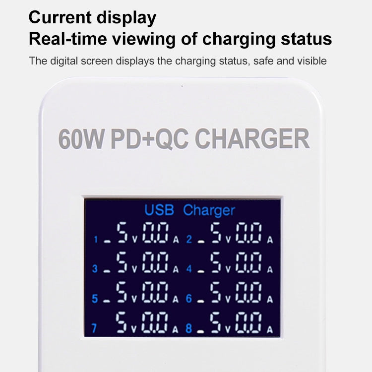 محطة شحن ذكية A8T بقدرة 60 واط مع 8 منافذ USB + QC3.0 + PD Type-C مع شاشة رقمية AC100-240V، قابس أوروبي، A8T قابس أوروبي