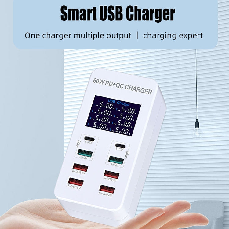 محطة شحن ذكية A8T بقدرة 60 واط مع 8 منافذ USB + QC3.0 + PD Type-C مع شاشة رقمية AC100-240V، قابس أوروبي، A8T قابس أوروبي