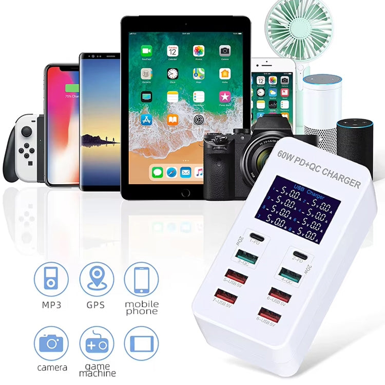 محطة شحن ذكية A8T بقدرة 60 واط مع 8 منافذ USB + QC3.0 + PD Type-C مع شاشة رقمية AC100-240V، قابس أوروبي، A8T قابس أوروبي