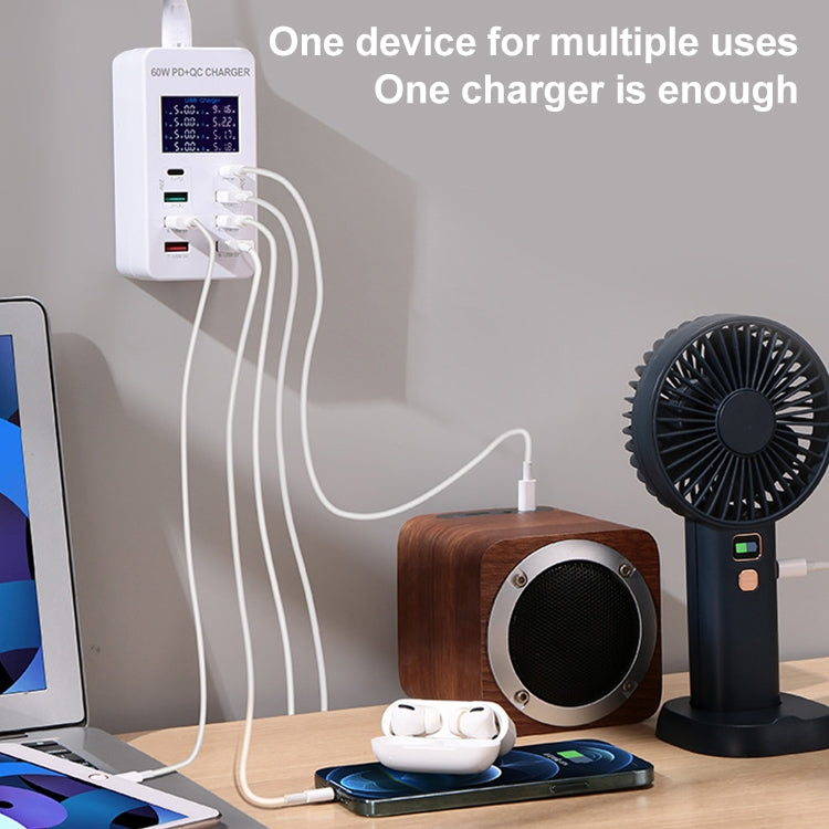 محطة شحن ذكية A8T بقدرة 60 واط مع 8 منافذ USB + QC3.0 + PD Type-C مع شاشة رقمية AC100-240V، قابس أوروبي، A8T قابس أوروبي