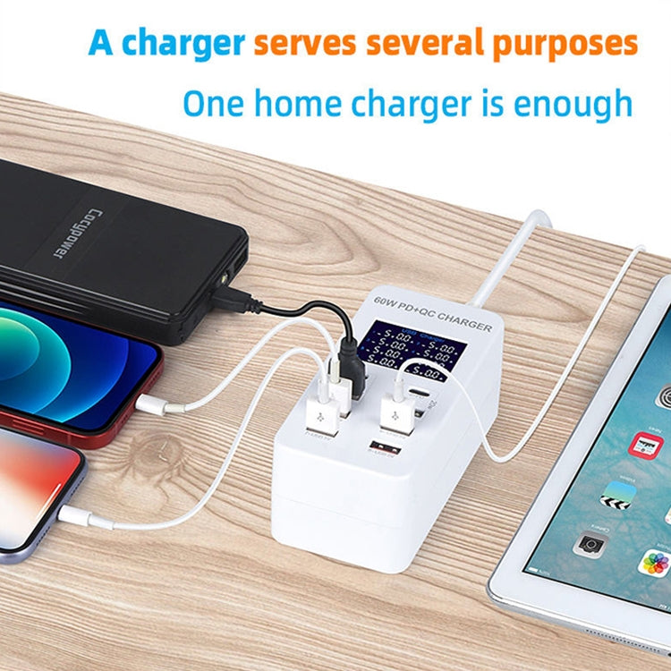 محطة شحن ذكية A8T بقدرة 60 واط مع 8 منافذ USB + QC3.0 + PD Type-C مع شاشة رقمية AC100-240V، قابس أوروبي، A8T قابس أوروبي