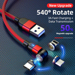 كابل شحن ومزامنة بيانات مغناطيسي دوار 540 درجة 3 في 1 USB إلى 8 بن + USB-C / Type-C + Micro USB، طول 1 متر، 3 أمبير