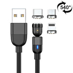 كابل شحن ومزامنة بيانات مغناطيسي دوار 540 درجة 3 في 1 USB إلى 8 بن + USB-C / Type-C + Micro USB، طول 2 متر، 3 أمبير