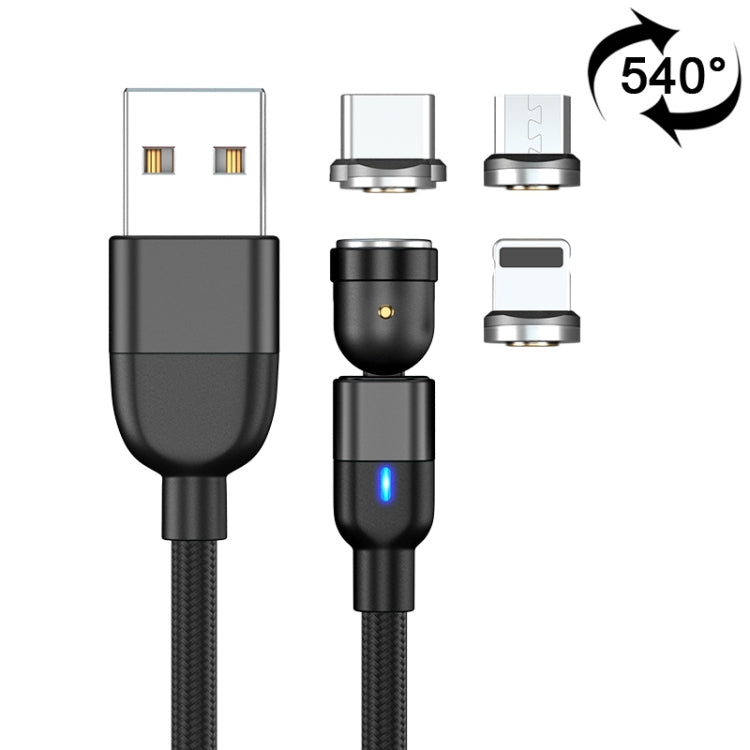 كابل شحن ومزامنة بيانات مغناطيسي دوار 540 درجة 3 في 1 USB إلى 8 بن + USB-C / Type-C + Micro USB، طول 2 متر، 3 أمبير