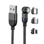 كابل شحن ومزامنة بيانات مغناطيسي دوار 540 درجة 3 في 1 USB إلى 8 بن + USB-C / Type-C + Micro USB، طول 2 متر، 3 أمبير