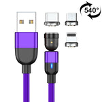 كابل شحن ومزامنة بيانات مغناطيسي دوار 540 درجة 3 في 1 USB إلى 8 بن + USB-C / Type-C + Micro USB، طول 2 متر، 3 أمبير