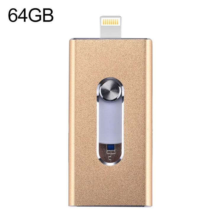 محرك فلاش USB 2.0 و8 Pin وMicro USB 3 في 1 بسعة 64GB، RQW-02 ذهبي