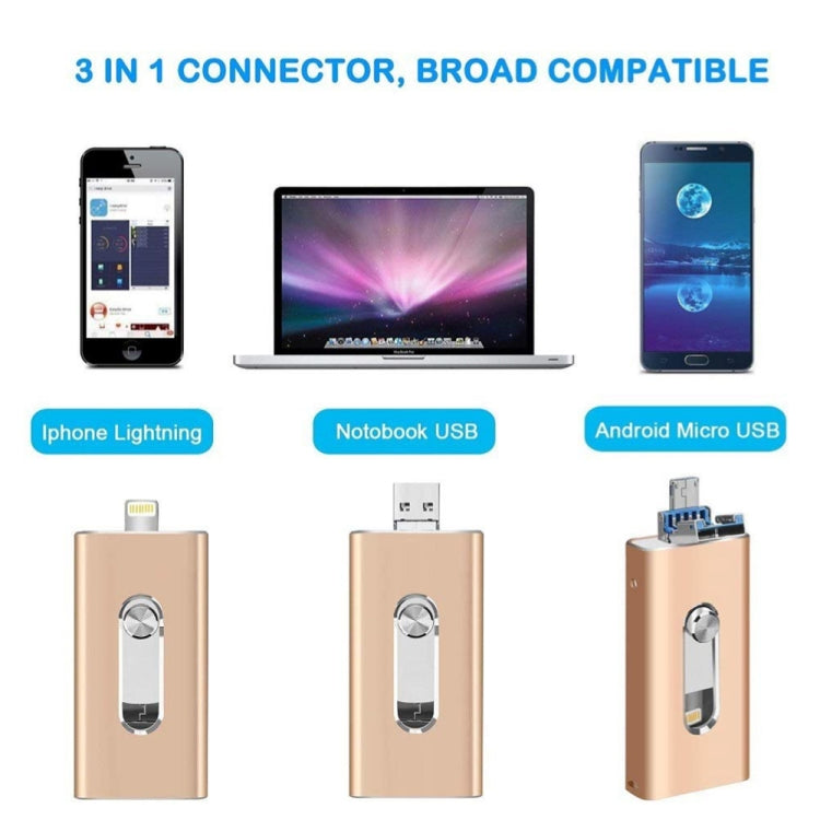 محرك فلاش USB 2.0 و8 Pin وMicro USB 3 في 1 بسعة 64GB، RQW-02 فضي